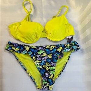 NoBo 2 Piece Bikini, Neon Yellow top, Neon Yellow & Blue Butterfly Bottoms Sz M